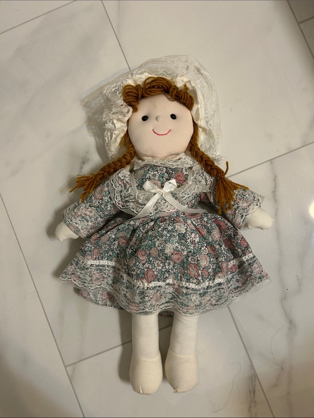 Vintage Floral Rag Doll in Green and Pink Dress